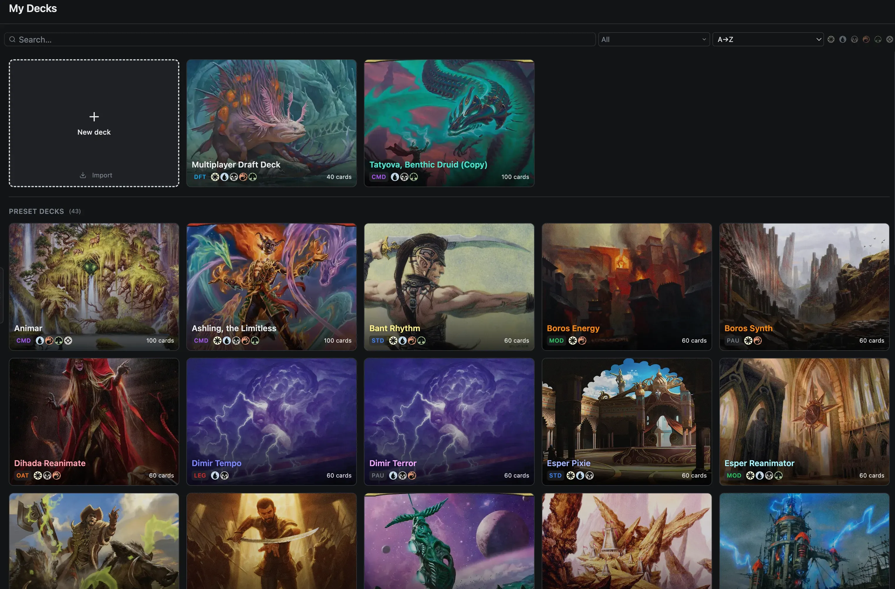 Browsing your deck library in Manabrew