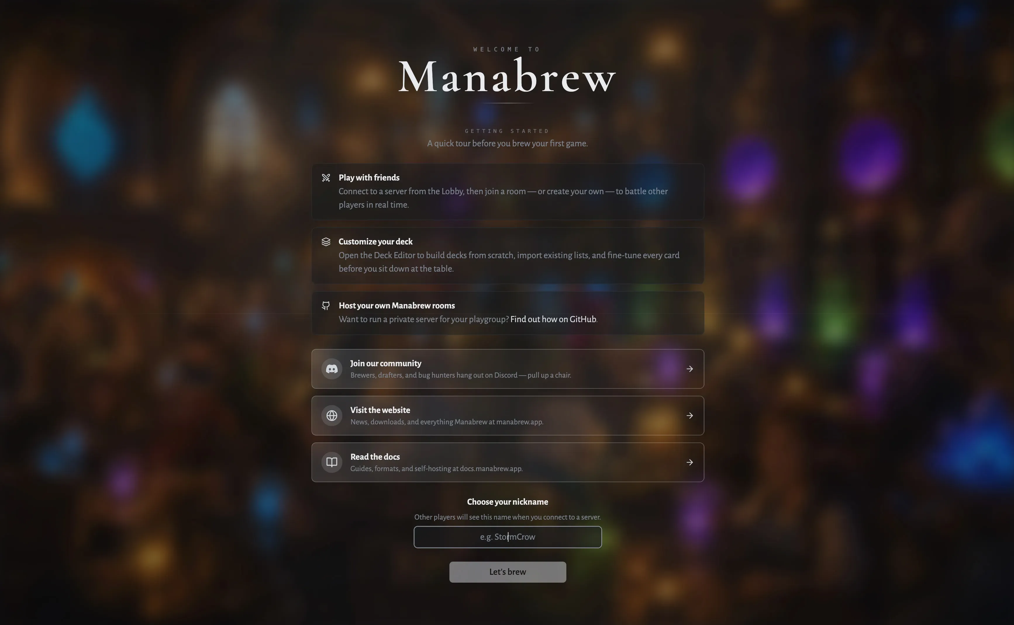 The welcome screen of Manabrew, in the browser